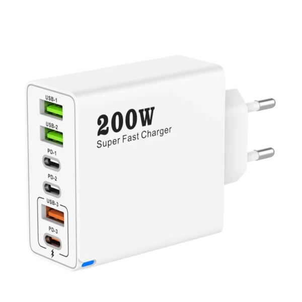 6 Ports USB C PD Charger 200W Quick Charge 3.0 Type C USB Phone Chargers Super Fast Charging Adapter For iPhone Samsung Xiaomi